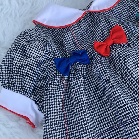 Vintage Other - Girls vintage toddler dress houndstooth rainbow colored bows 12 mo gorgeous